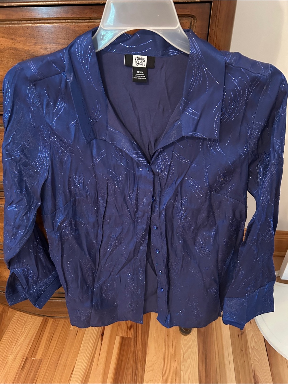 Studio 1940 Deep Navy Shimmer Button-Down Blouse